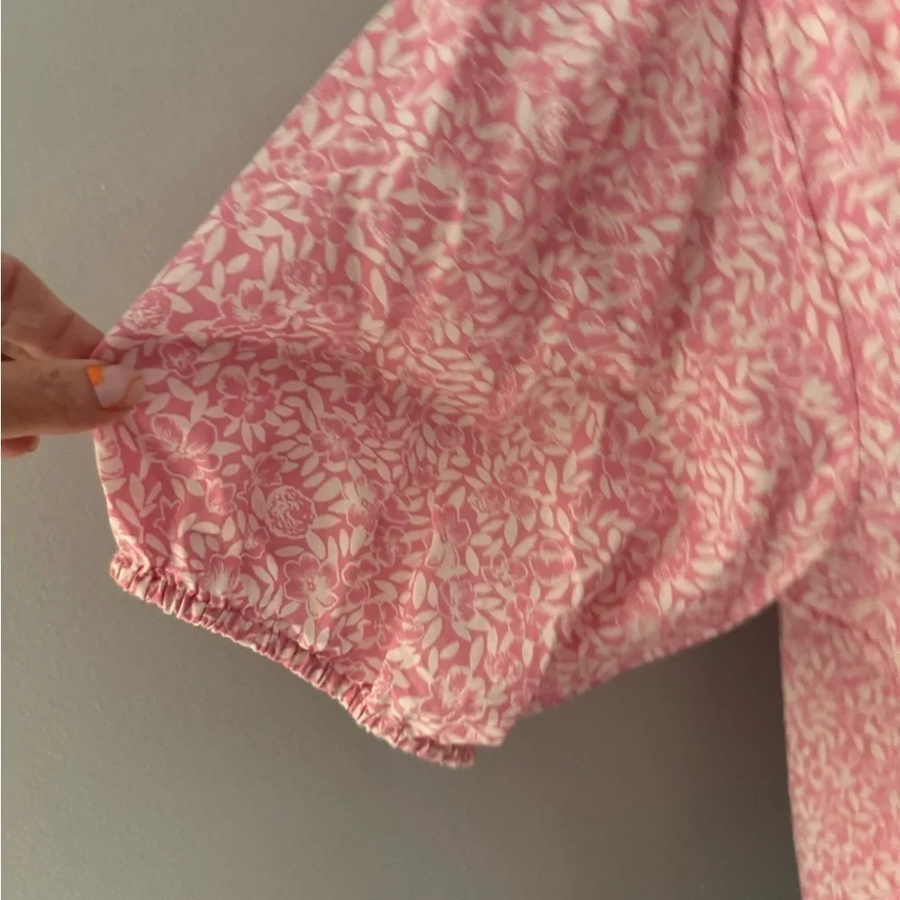 J Crew Size Large Pink & White Fabric Floral Puff sleeve Blouse Cotton